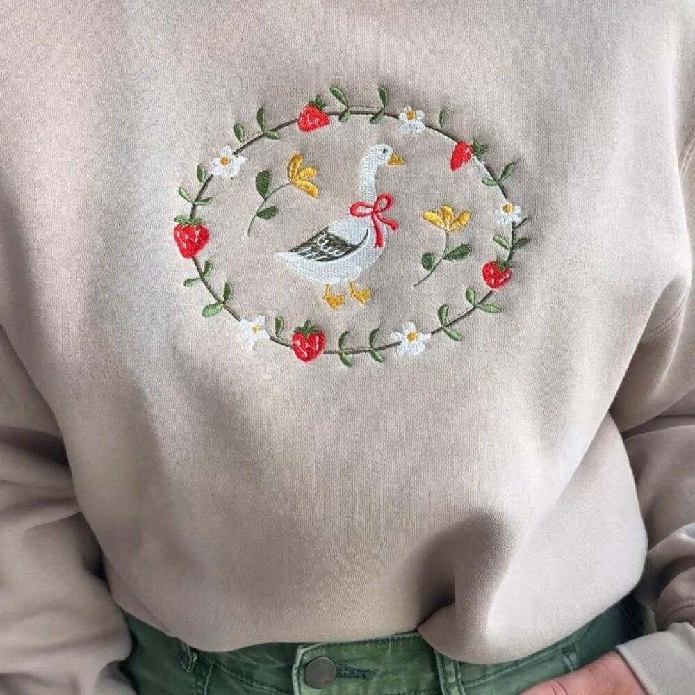 NWT Beige embroidered silly goose strawberry crewneck - Picture 2 of 6